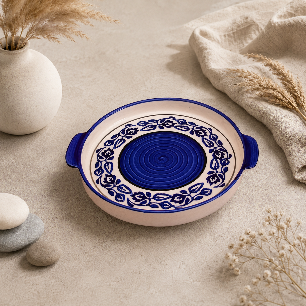 KunhaR Ceramic Platter, Pizza Plate, Round Serving Plate, 10 Inch, Blue Vine