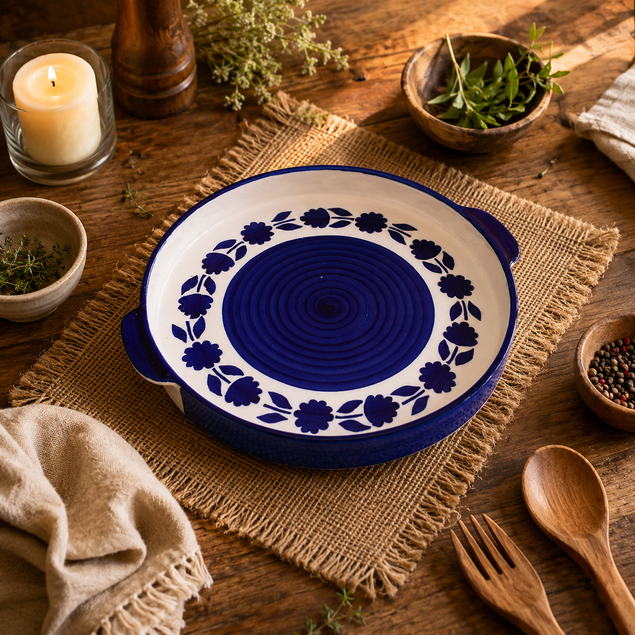 KunhaR Ceramic Snacks Serving Tray, Pizza Plate - 1 Piece, Blue Flower, 10 Inch