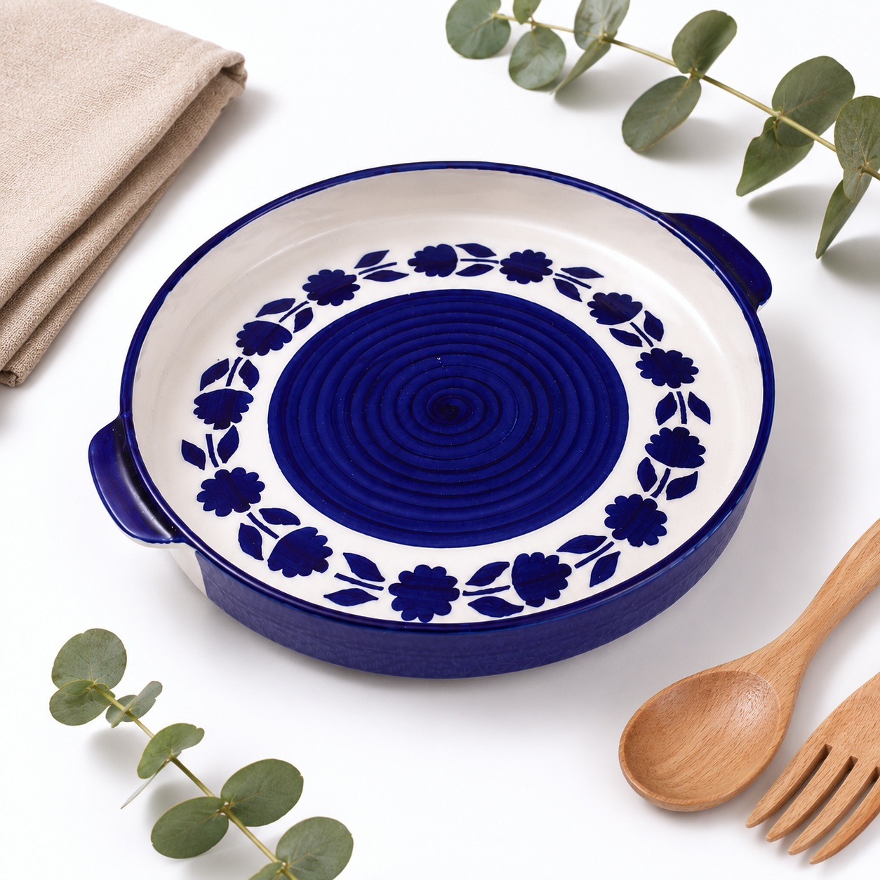 KunhaR Ceramic Snacks Serving Tray, Pizza Plate - 1 Piece, Blue Flower, 10 Inch