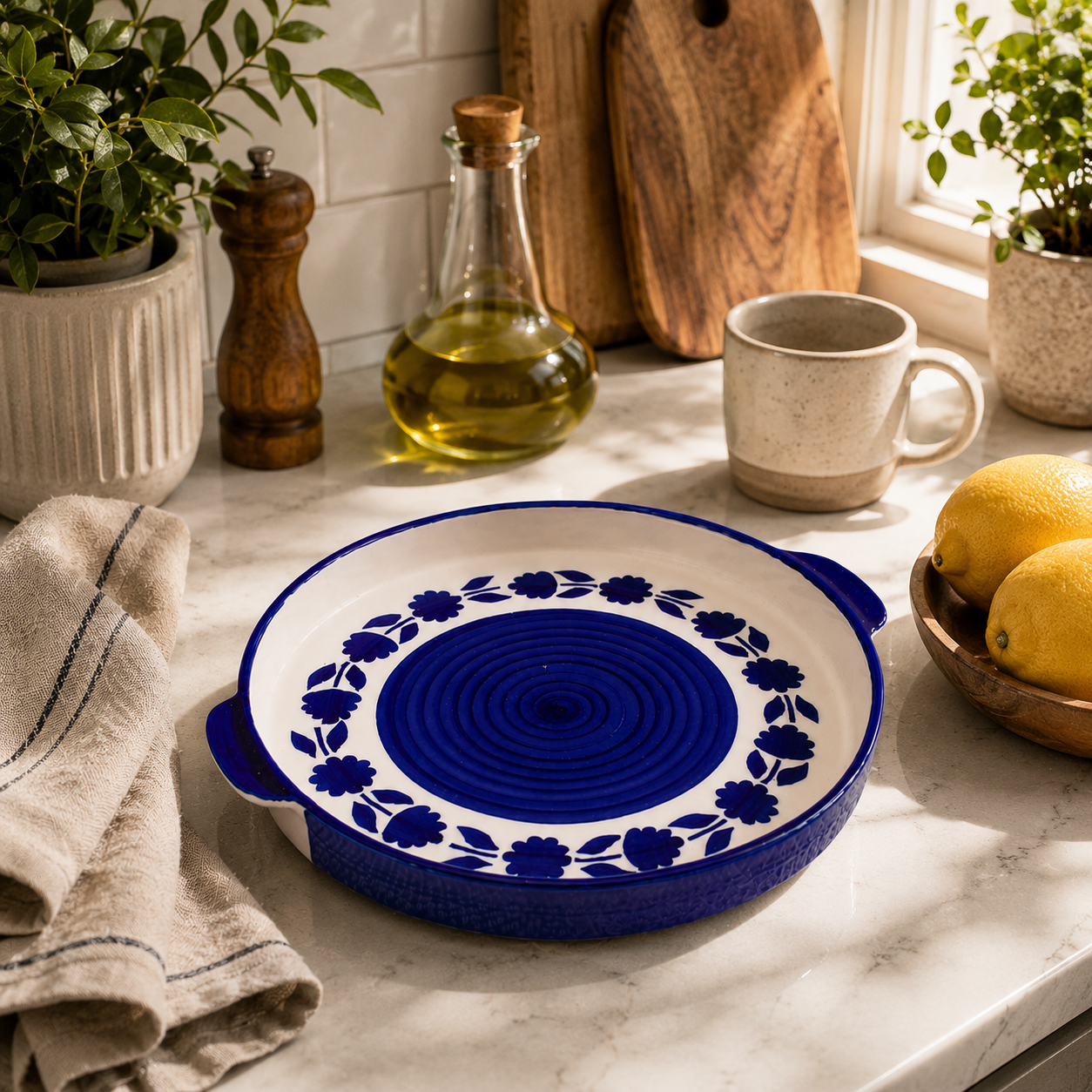 KunhaR Ceramic Snacks Serving Tray, Pizza Plate - 1 Piece, Blue Flower, 10 Inch