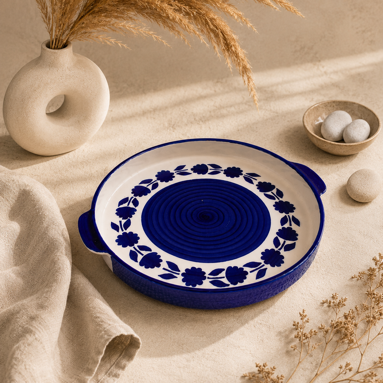 KunhaR Ceramic Snacks Serving Tray, Pizza Plate - 1 Piece, Blue Flower, 10 Inch