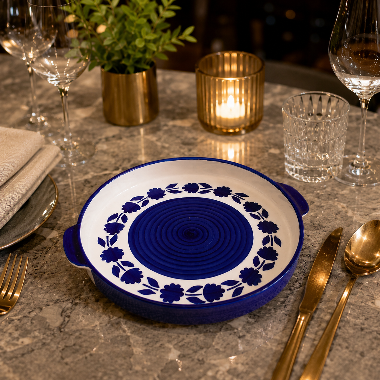 KunhaR Ceramic Snacks Serving Tray, Pizza Plate - 1 Piece, Blue Flower, 10 Inch