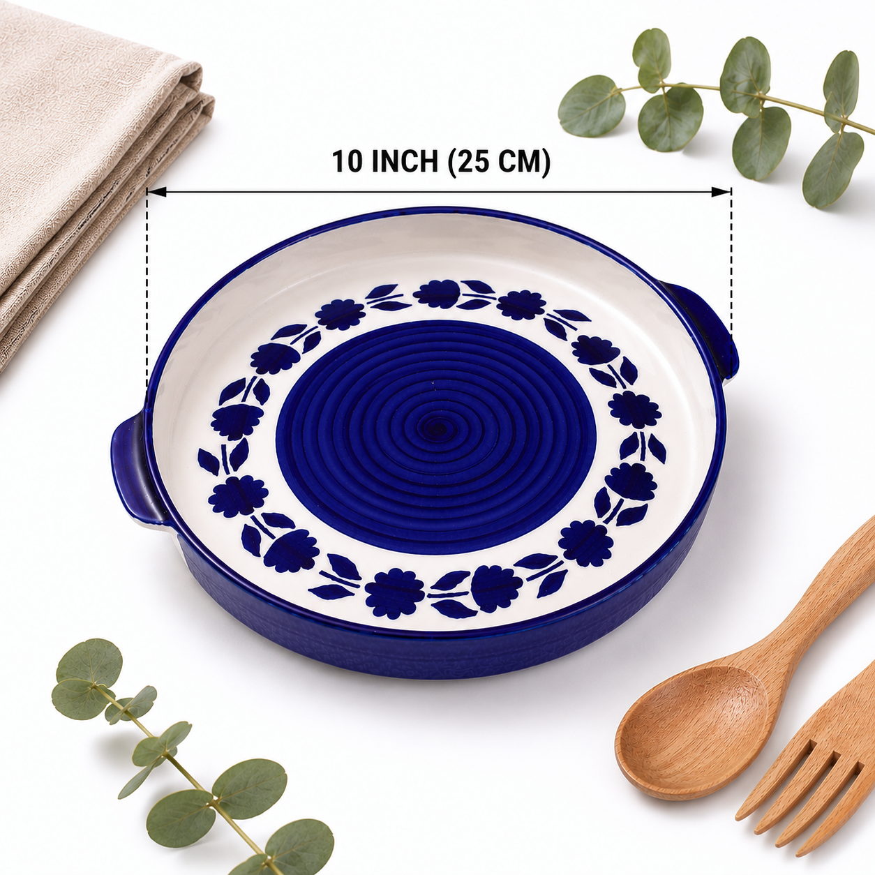 KunhaR Ceramic Snacks Serving Tray, Pizza Plate - 1 Piece, Blue Flower, 10 Inch