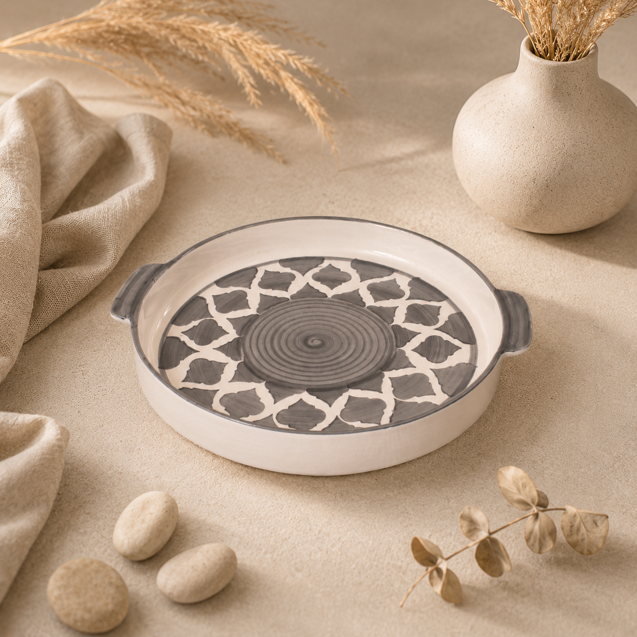 KunhaR Ceramic Snacks Serving Tray, Pizza Plate - 1 Piece, Grey, 10 Inch