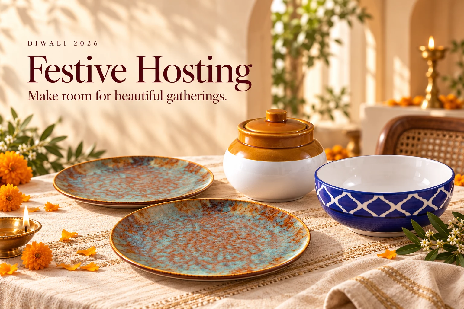 Teal ceramic plates, a patterned bowl and a storage jar styled for festive hosting.