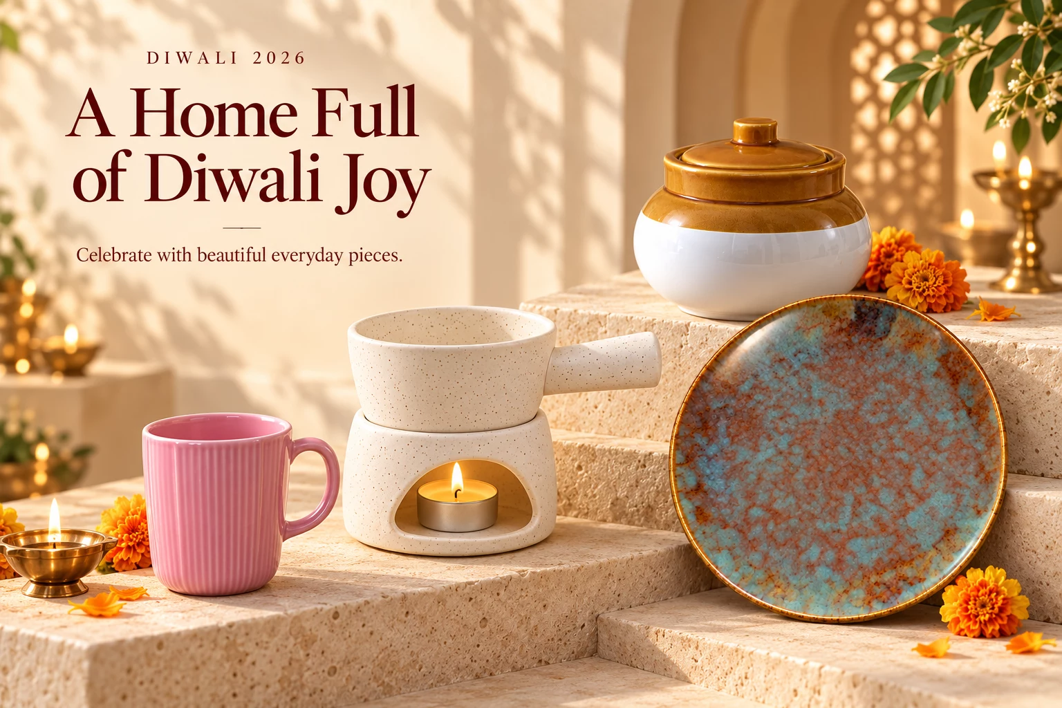 Diwali 2026 ceramic collection with a storage jar, fondue set, plate and pastel mug.