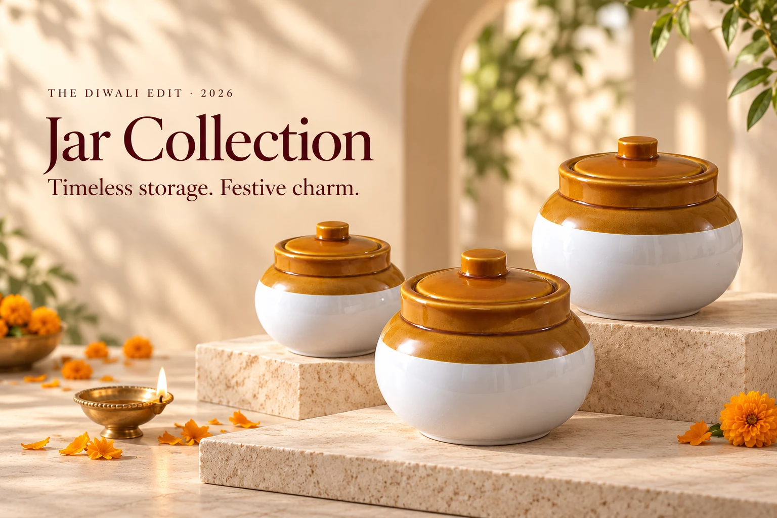 White and honey-brown ceramic storage jars in a warm festive setting.
