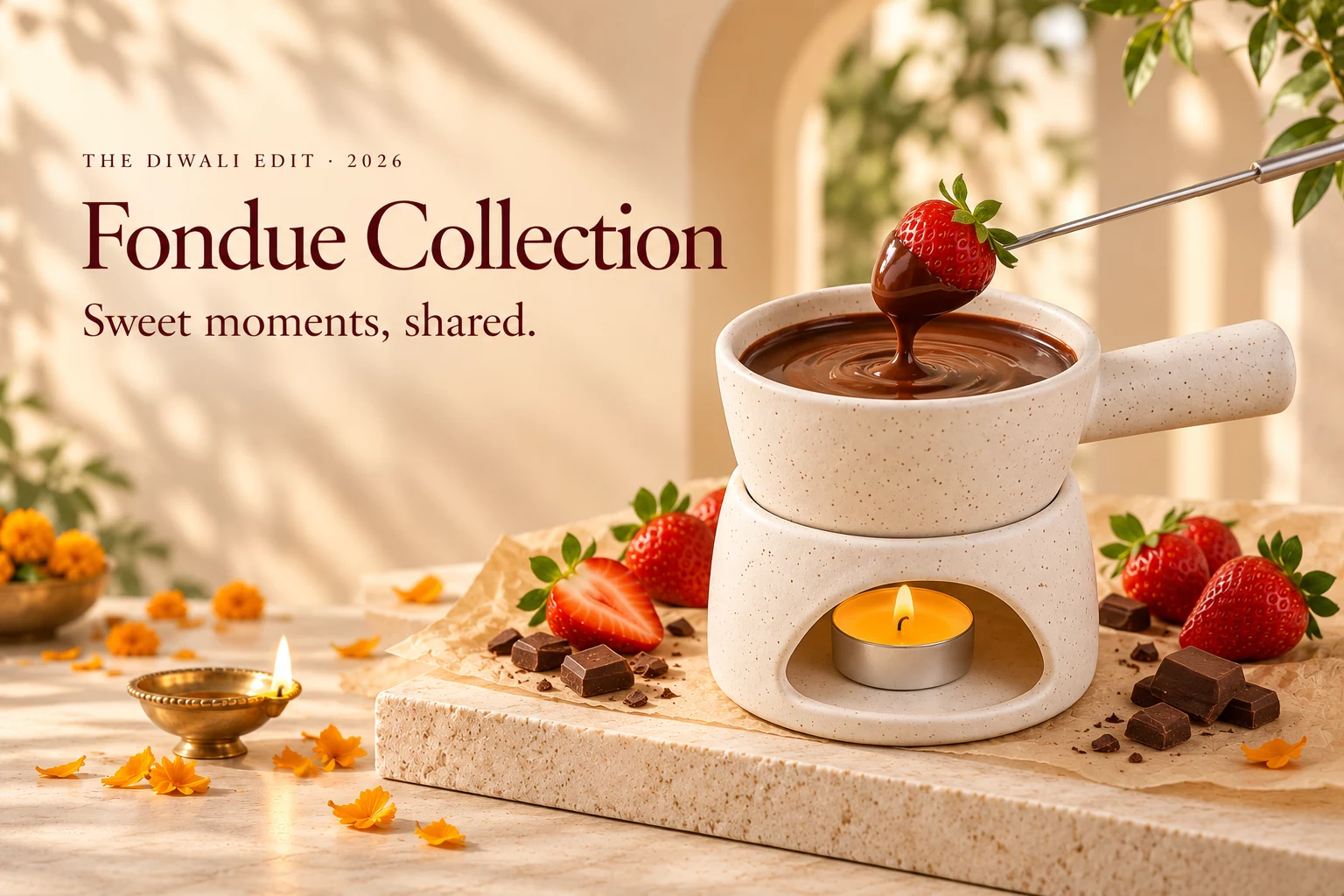 Ivory ceramic fondue set styled for shared sweet moments.