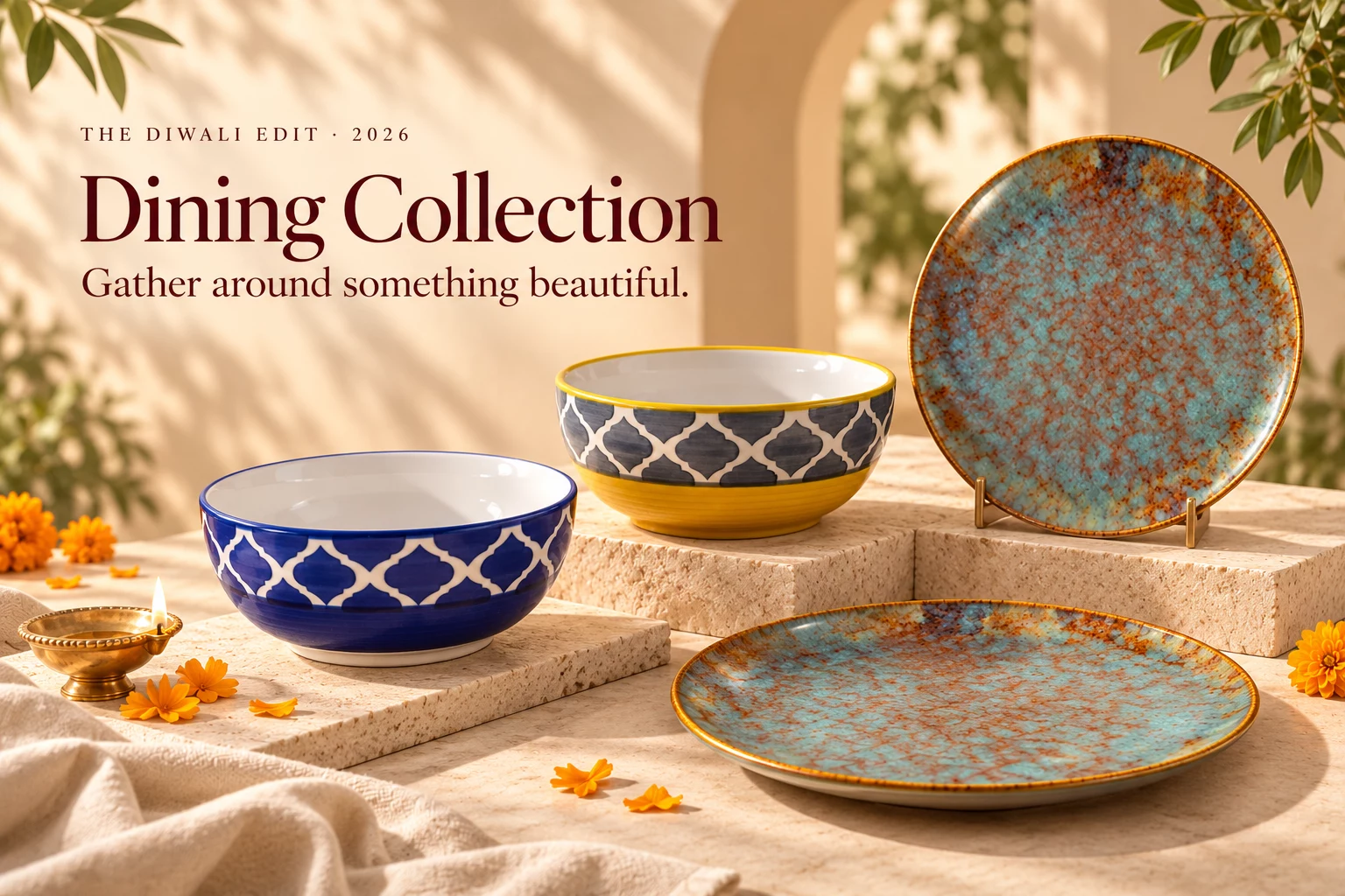 Ceramic plates and bowls arranged for a festive dining table.