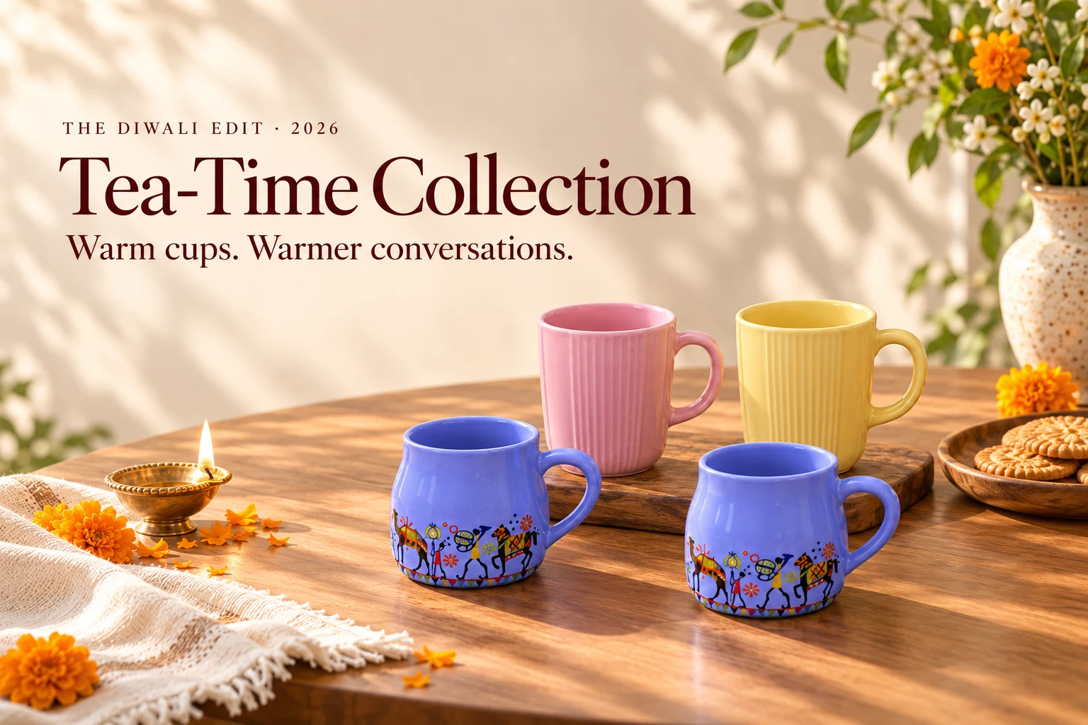Pastel ribbed mugs and blue patterned cups on a warm wooden table.