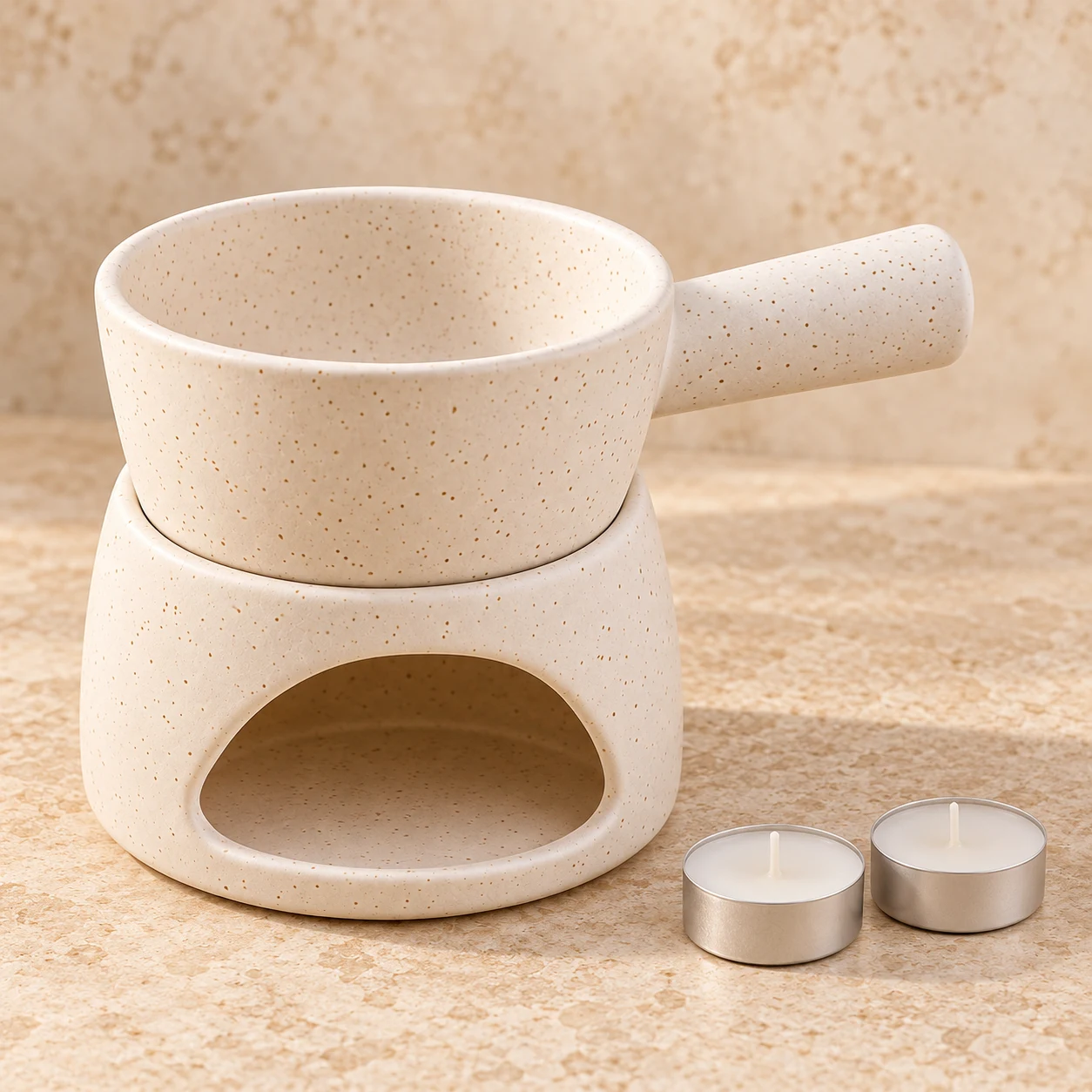 Illustration of a ceramic fondue bowl, matching base and tea lights