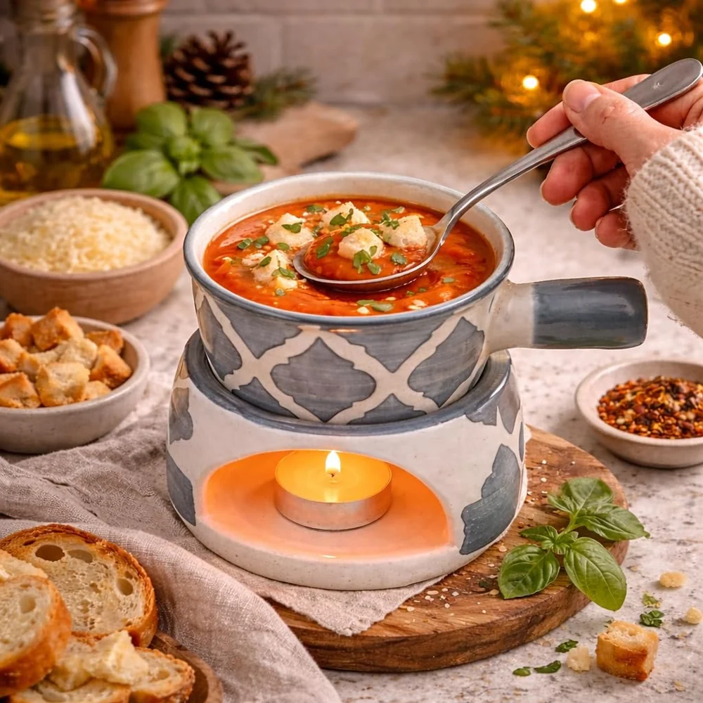 Grey ceramic fondue set, 450 ml bowl, pack of 1