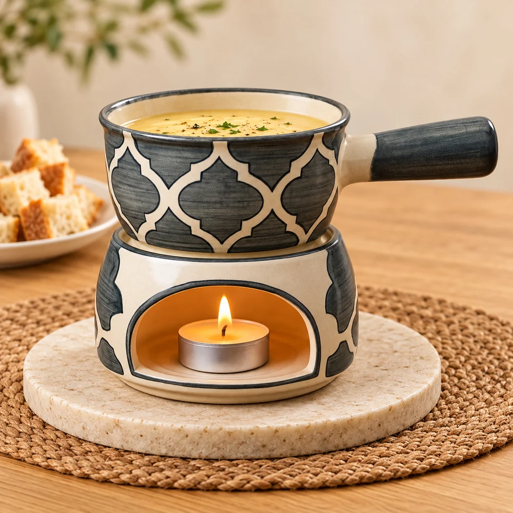 Grey ceramic fondue set, 180 ml bowl, pack of 1