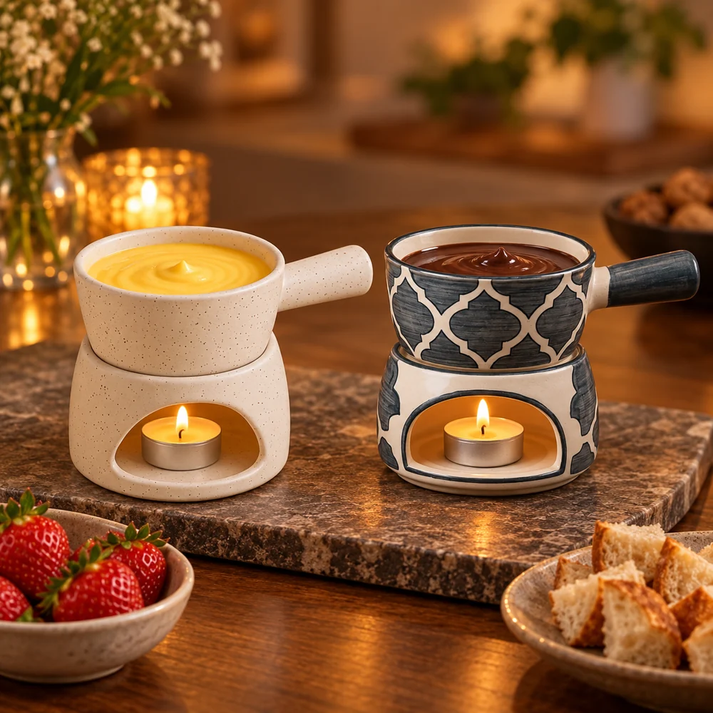 White Matt and Grey ceramic fondue sets, 180 ml per bowl, pack of 2