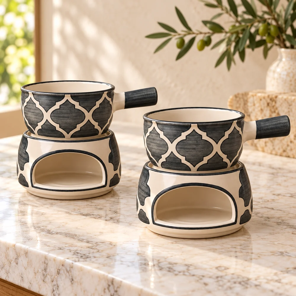 Grey ceramic fondue set, pack of 2