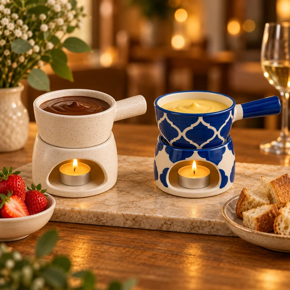 White Matt and Blue Chidi ceramic fondue sets, 180 ml per bowl, pack of 2