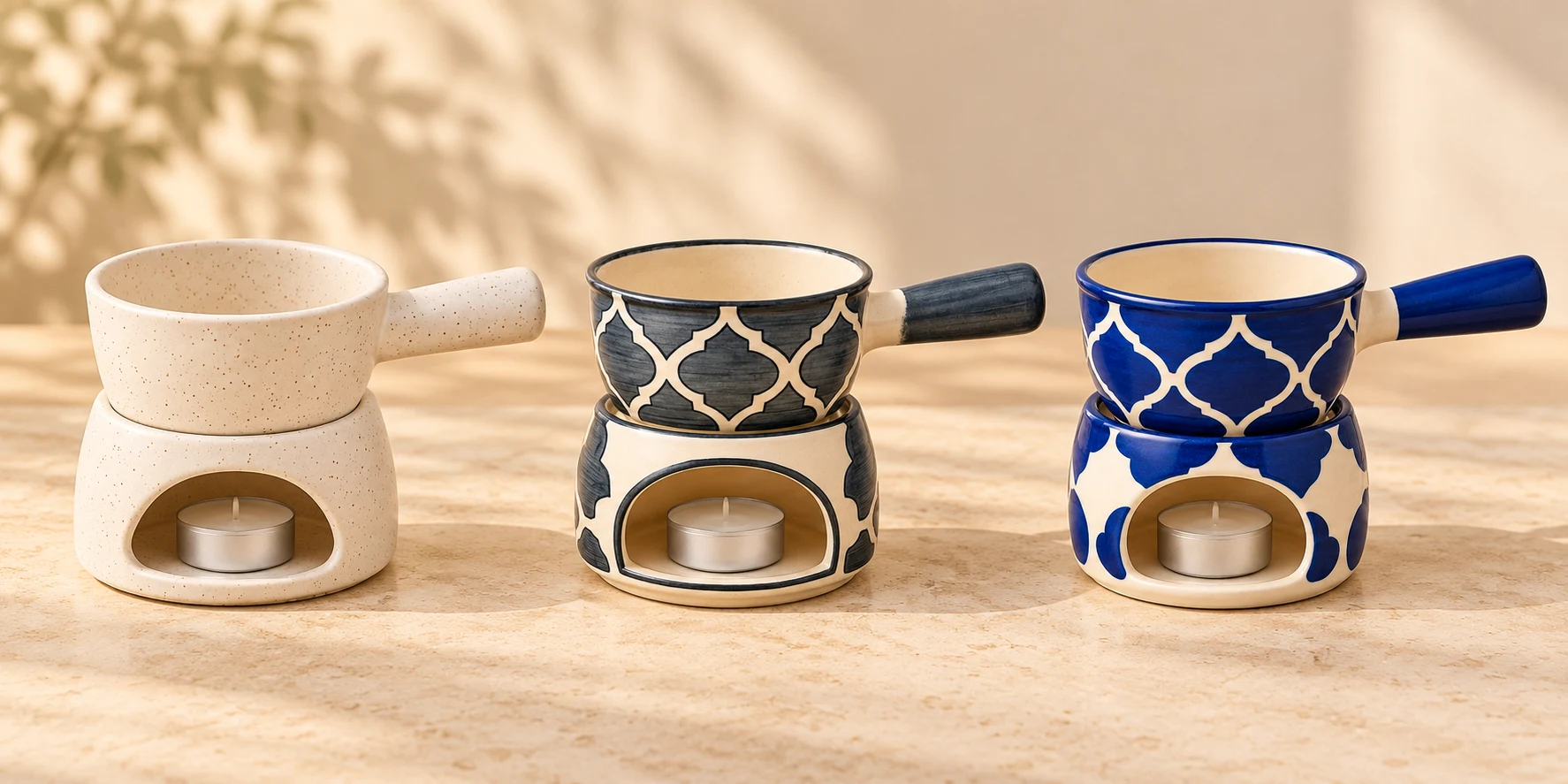 Ceramic fondue finishes in white, grey and blue