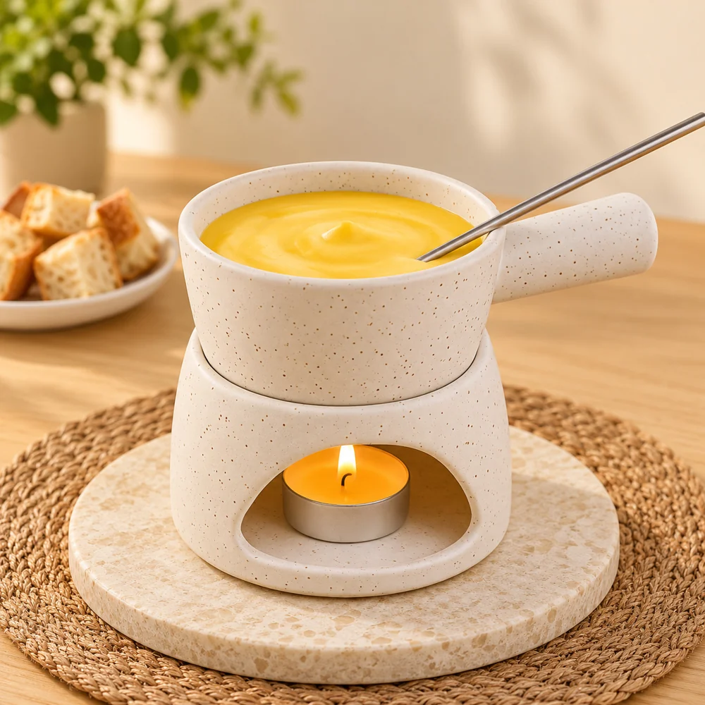White Matt ceramic fondue set, 180 ml bowl, pack of 1