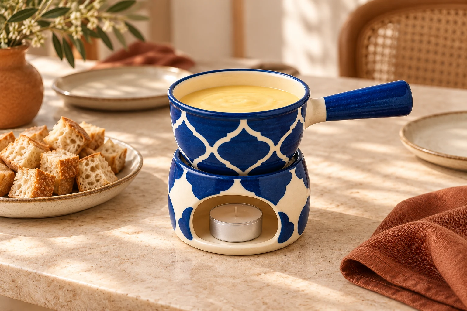 Illustrative cheese fondue serving idea with a ceramic fondue set and bread