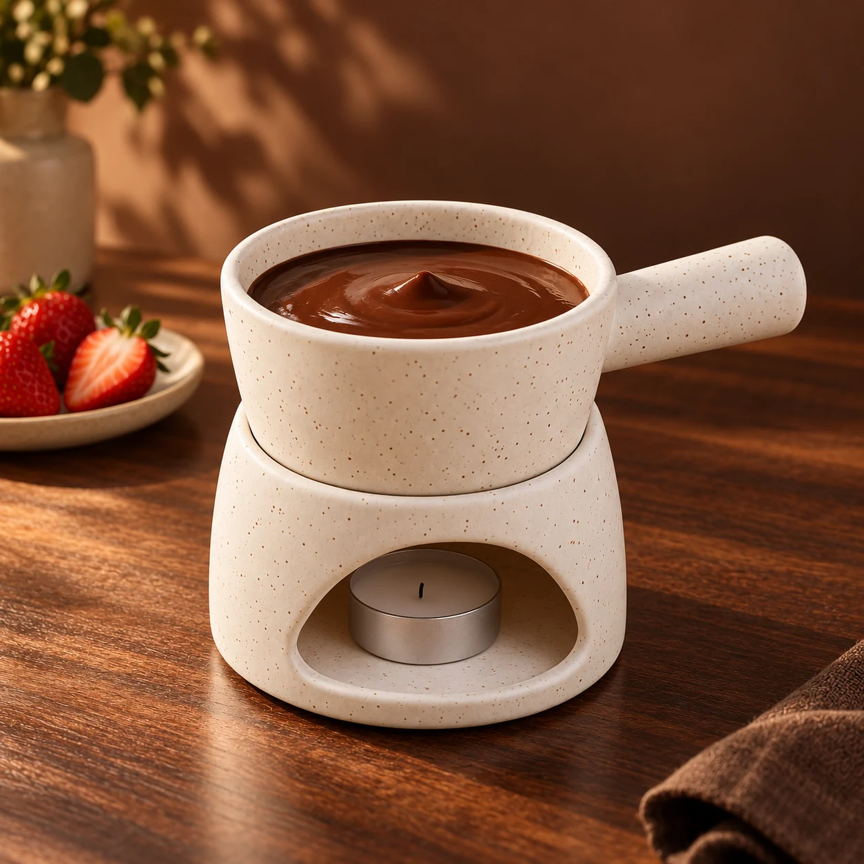 Illustrative chocolate fondue serving idea with a ceramic fondue set