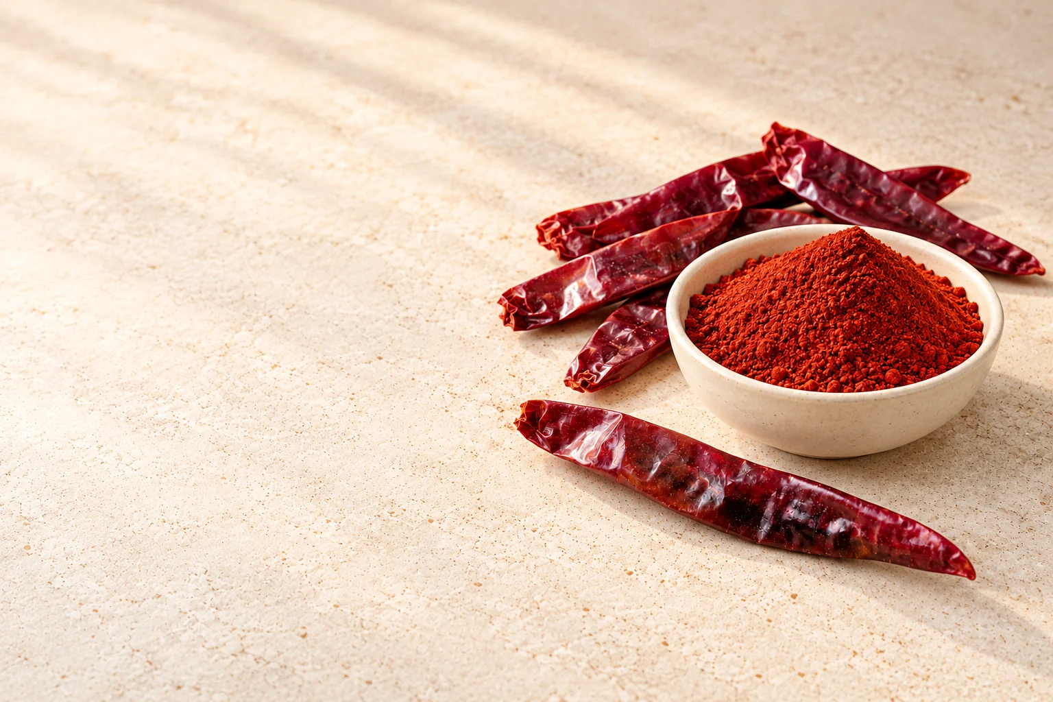 Illustrative ground red chilli powder with whole pods