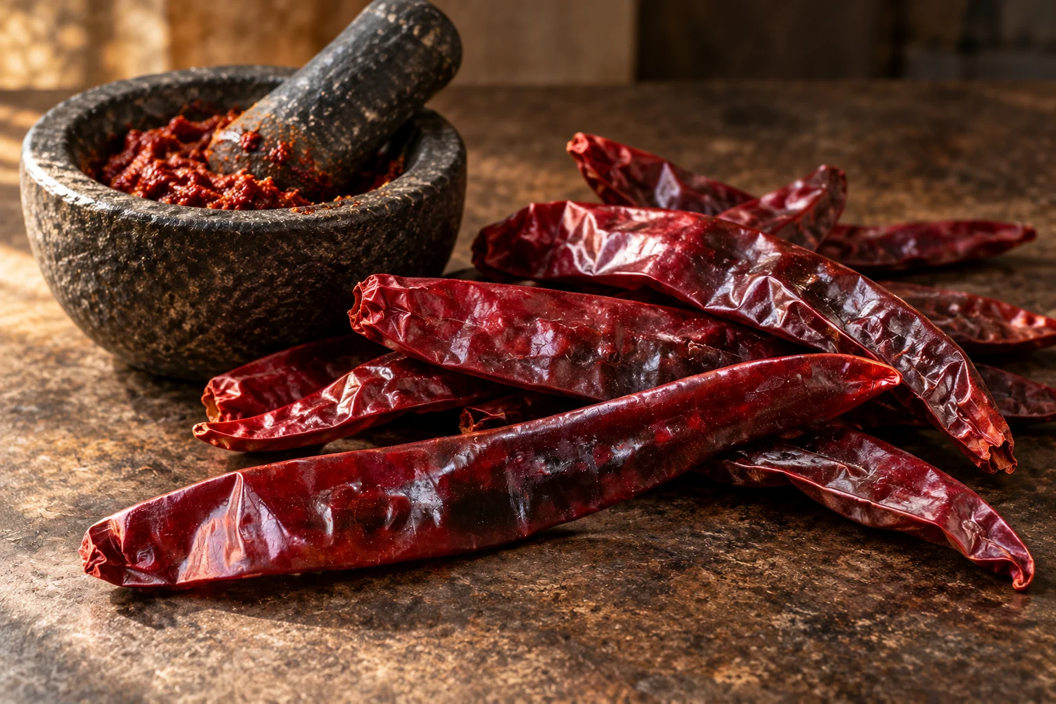 Whole dried chilli pods and chilli paste on a kitchen counter