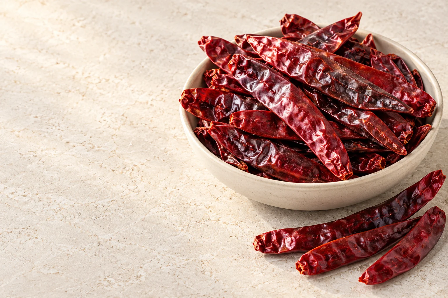 Illustrative whole dried red chilli pods in an ivory bowl