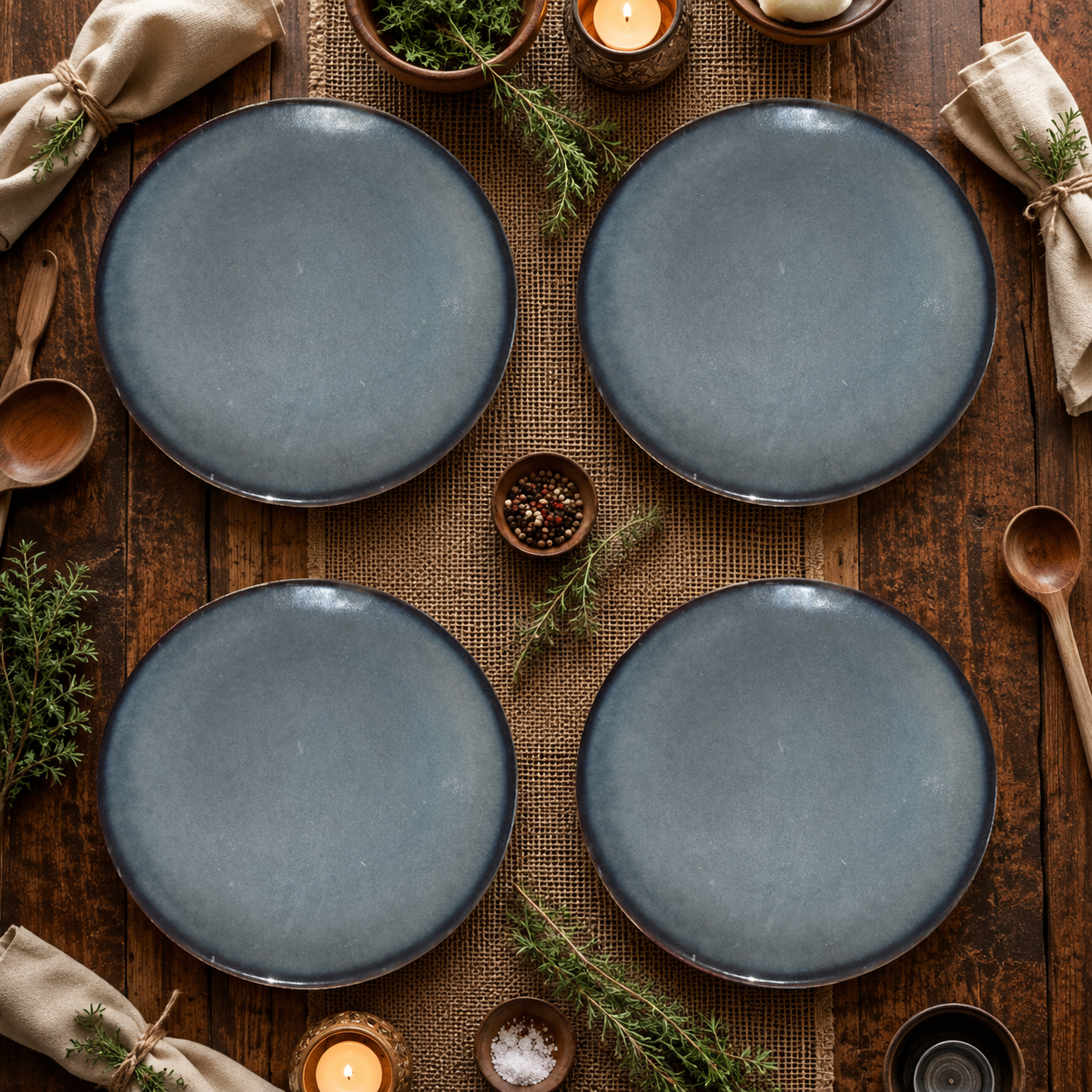 Kunhar Ceramic Dessert & Snack Plates Set of 4, 7 Inch | Ocean Teal Reactive Glaze with Brown Rim | Premium Stoneware | Microwave & Dishwasher Safe | Small Plates for Snacks, Salad & Breakfast