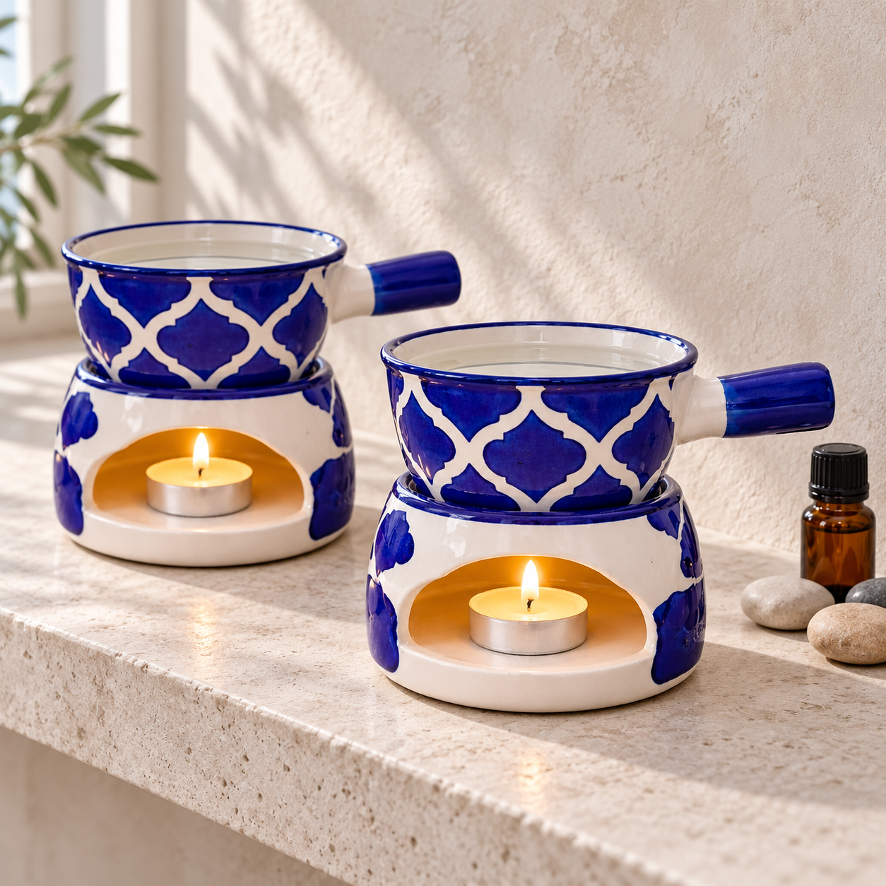 KunhaR Ceramic Aroma Diffuser and Oil Burner Pack of 2, 180 ML, Multi-Purpose Fondue for Essential Oils, Camphor and Wax Melts, Home Office Meditation Use (Blue) - Image 2