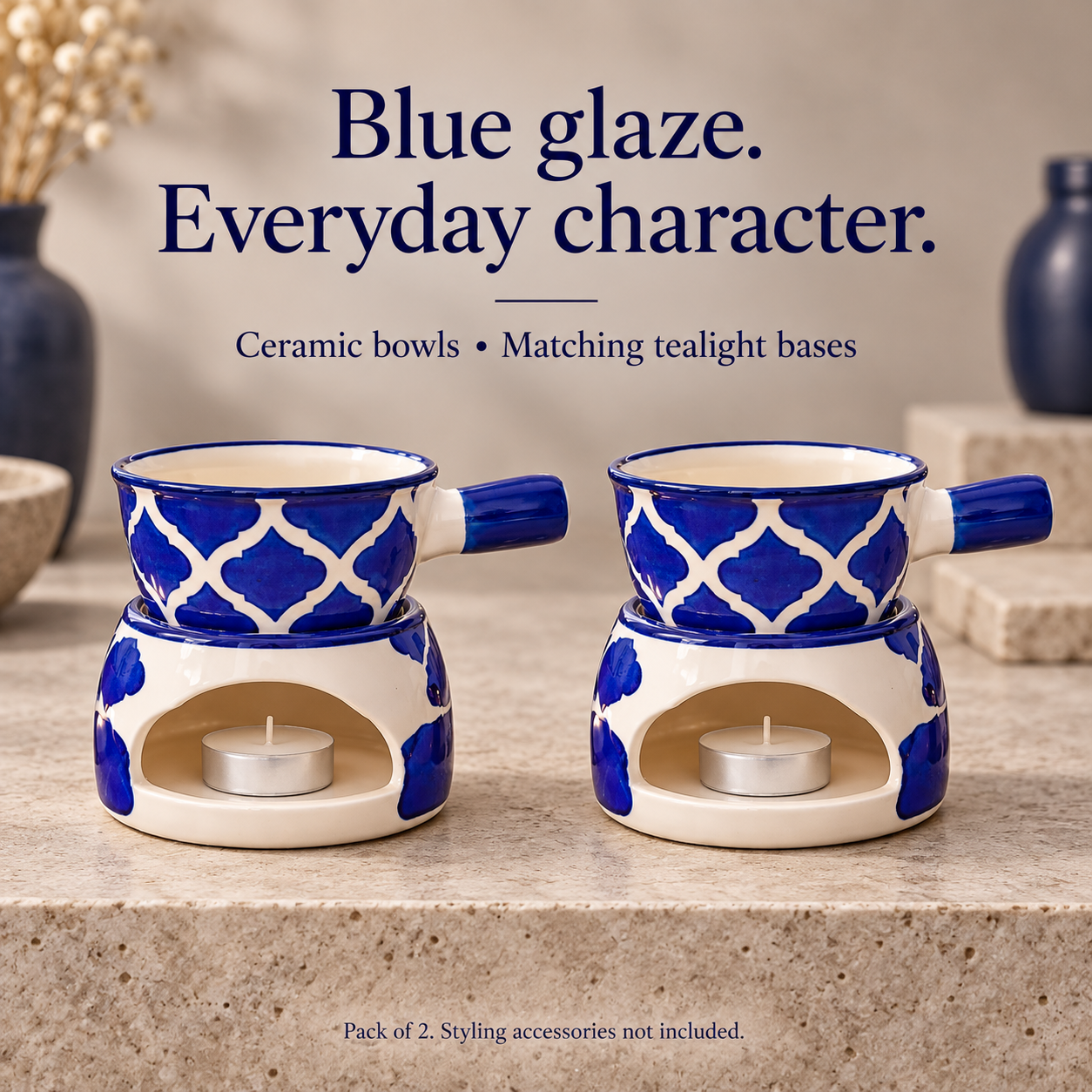 KunhaR Ceramic Aroma Diffuser and Oil Burner Pack of 2, 180 ML, Multi-Purpose Fondue for Essential Oils, Camphor and Wax Melts, Home Office Meditation Use (Blue) - Image 4