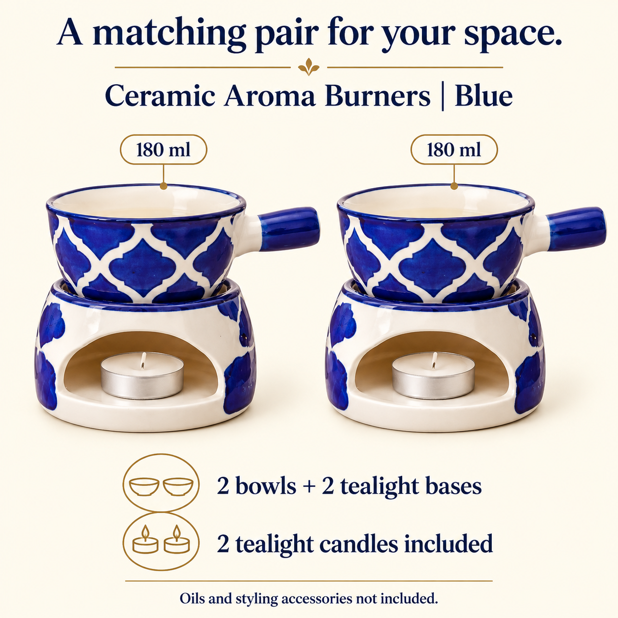 KunhaR Ceramic Aroma Diffuser and Oil Burner Pack of 2, 180 ML, Multi-Purpose Fondue for Essential Oils, Camphor and Wax Melts, Home Office Meditation Use (Blue) - Image 6