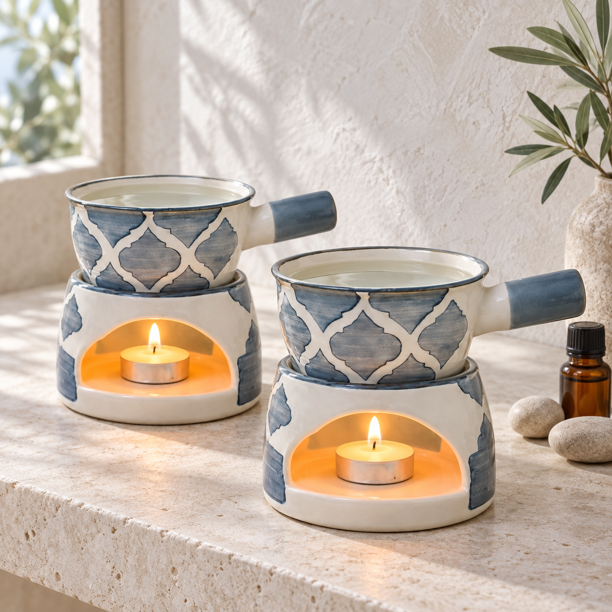 KunhaR Ceramic Aroma Diffuser and Oil Burner Pack of 2, 180 ML, Multi-Purpose Fondue for Essential Oils, Camphor and Wax Melts, Home Office Meditation Use (Grey) - Image 2