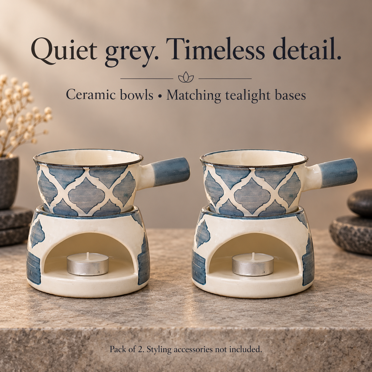 KunhaR Ceramic Aroma Diffuser and Oil Burner Pack of 2, 180 ML, Multi-Purpose Fondue for Essential Oils, Camphor and Wax Melts, Home Office Meditation Use (Grey) - Image 4