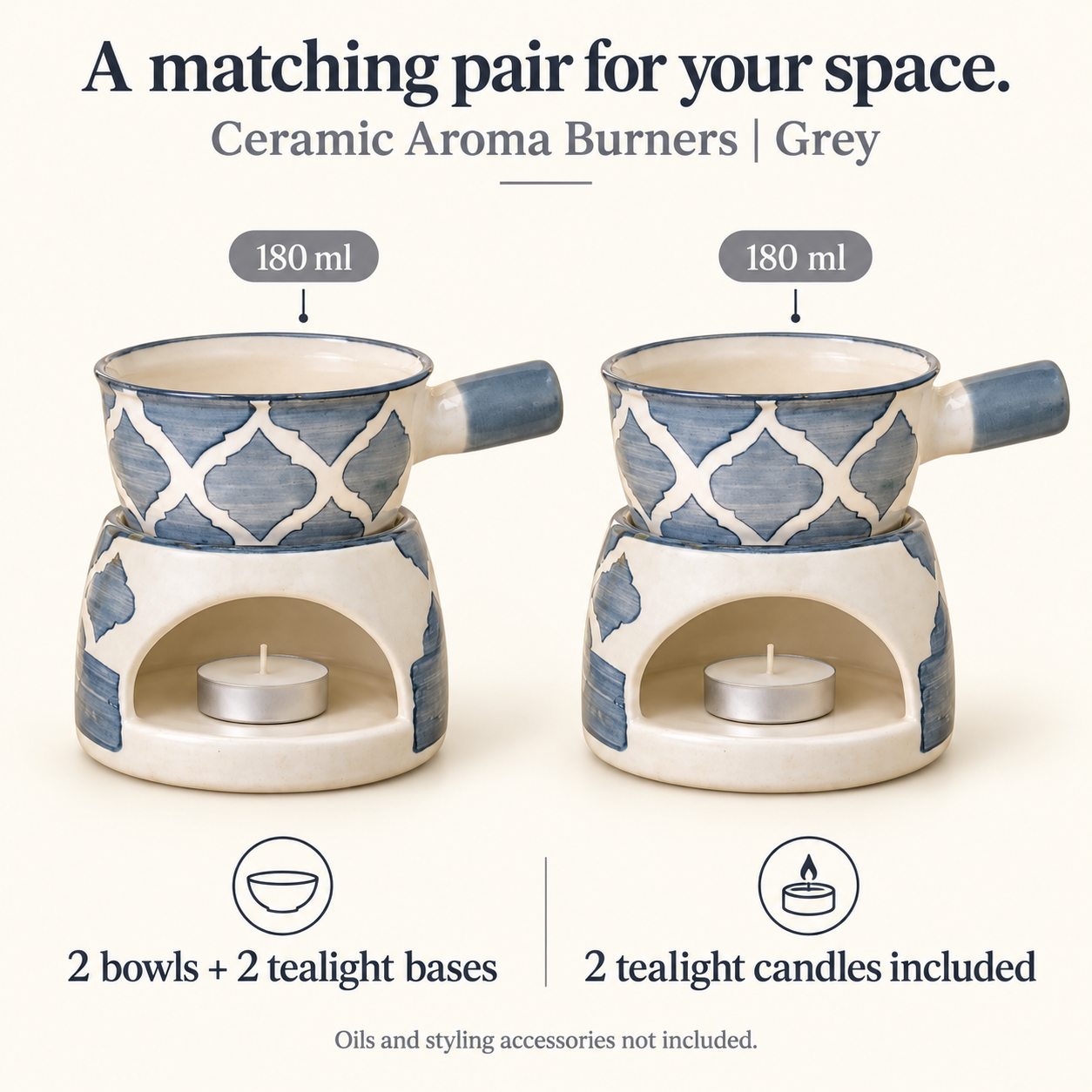 KunhaR Ceramic Aroma Diffuser and Oil Burner Pack of 2, 180 ML, Multi-Purpose Fondue for Essential Oils, Camphor and Wax Melts, Home Office Meditation Use (Grey) - Image 6