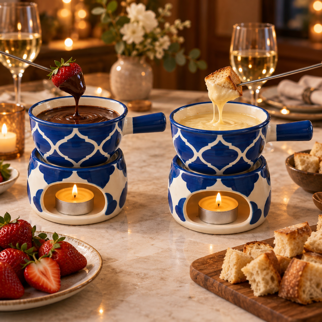 KunhaR Ceramic Fondue Set Pack of 2 (2 Piece of Fondue Set, 4 Tea Light Candle), 450 ML Capacity, (Blue)