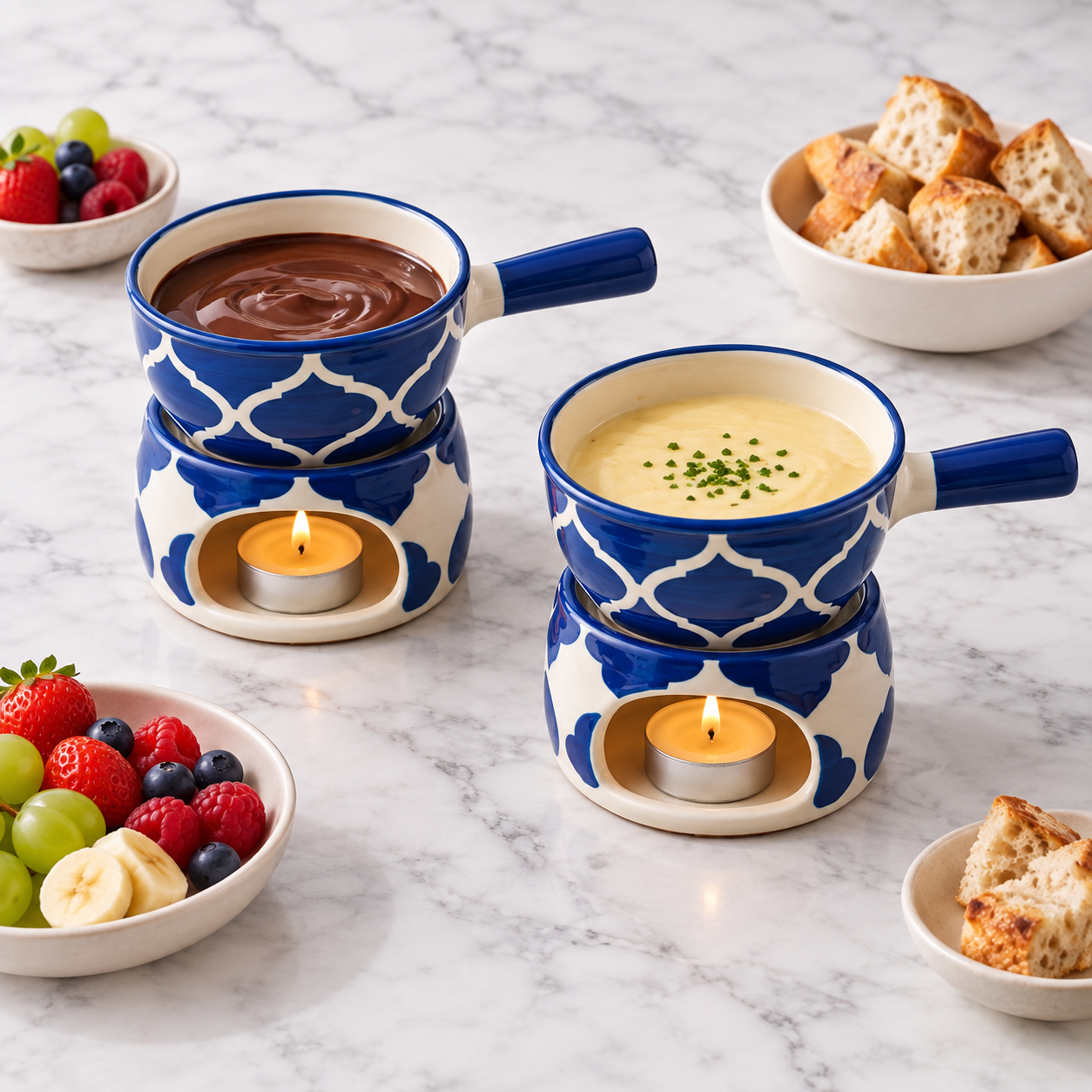 KunhaR Ceramic Fondue Set Pack of 2 (2 Piece of Fondue Set, 4 Tea Light Candle), 450 ML Capacity, (Blue) - Image 2