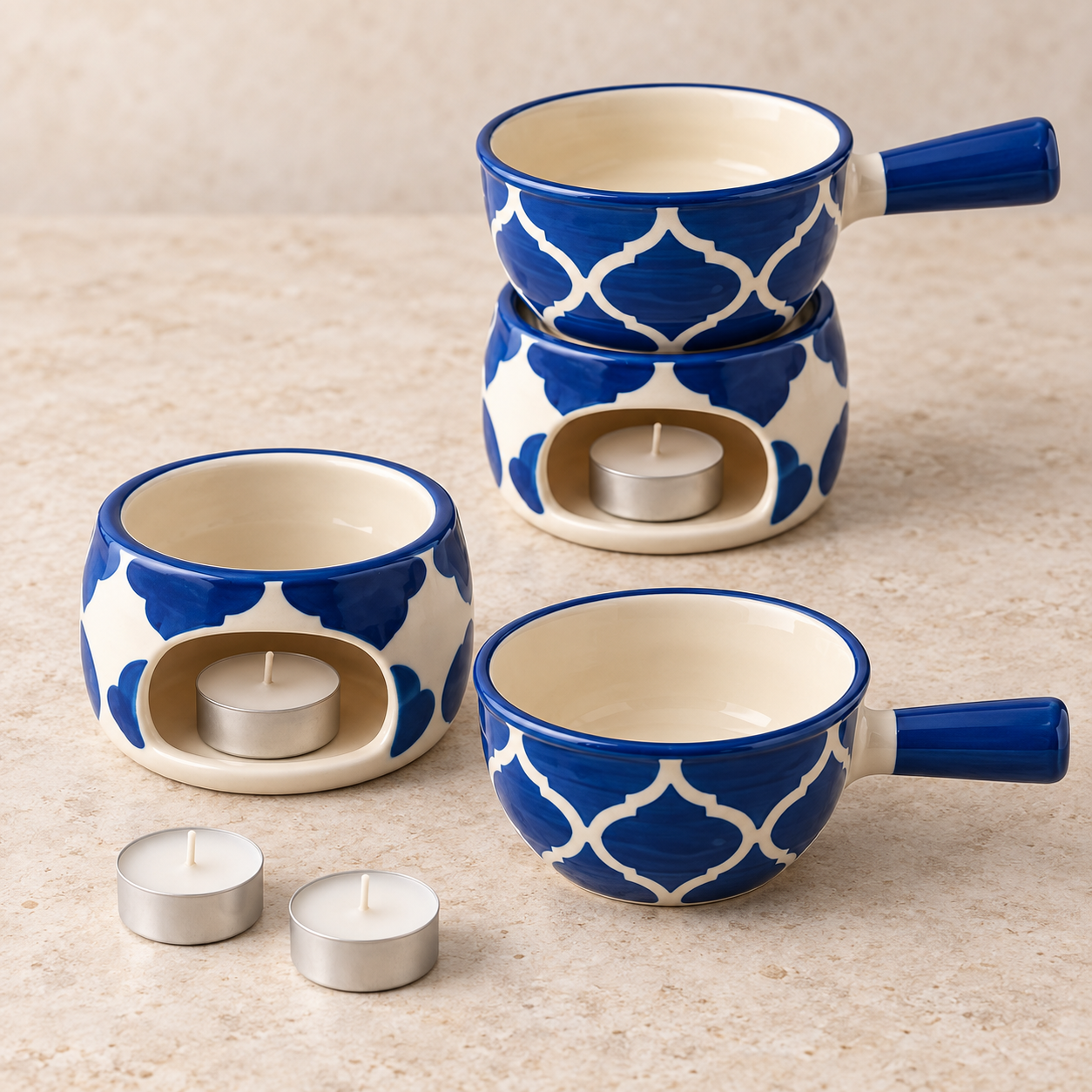 KunhaR Ceramic Fondue Set Pack of 2 (2 Piece of Fondue Set, 4 Tea Light Candle), 450 ML Capacity, (Blue) - Image 3