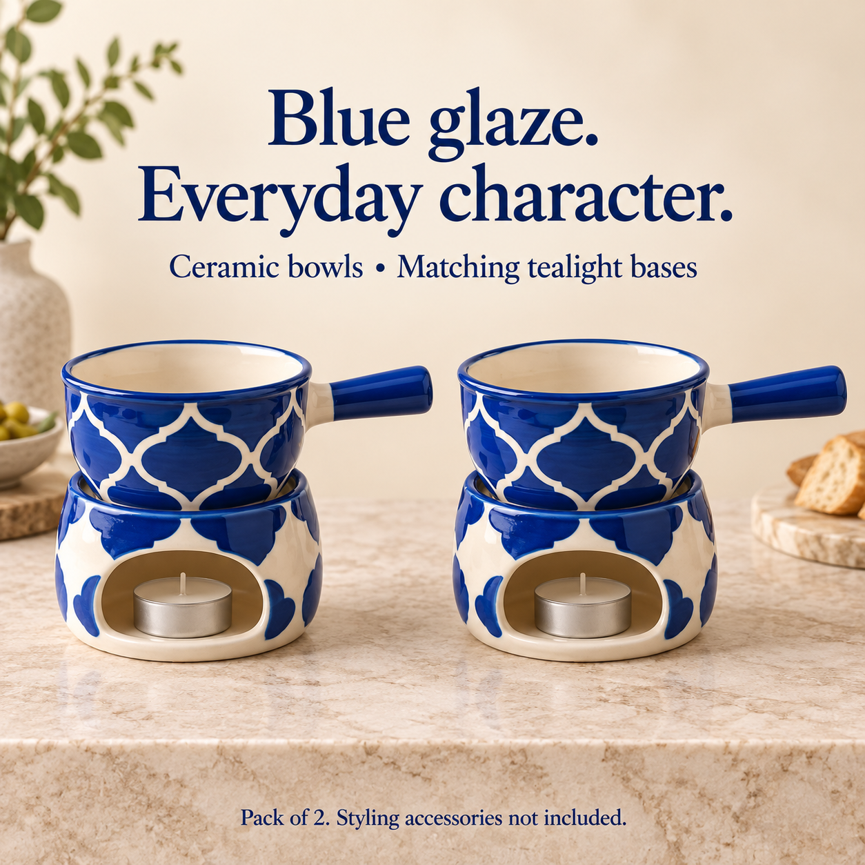 KunhaR Ceramic Fondue Set Pack of 2 (2 Piece of Fondue Set, 4 Tea Light Candle), 450 ML Capacity, (Blue) - Image 4