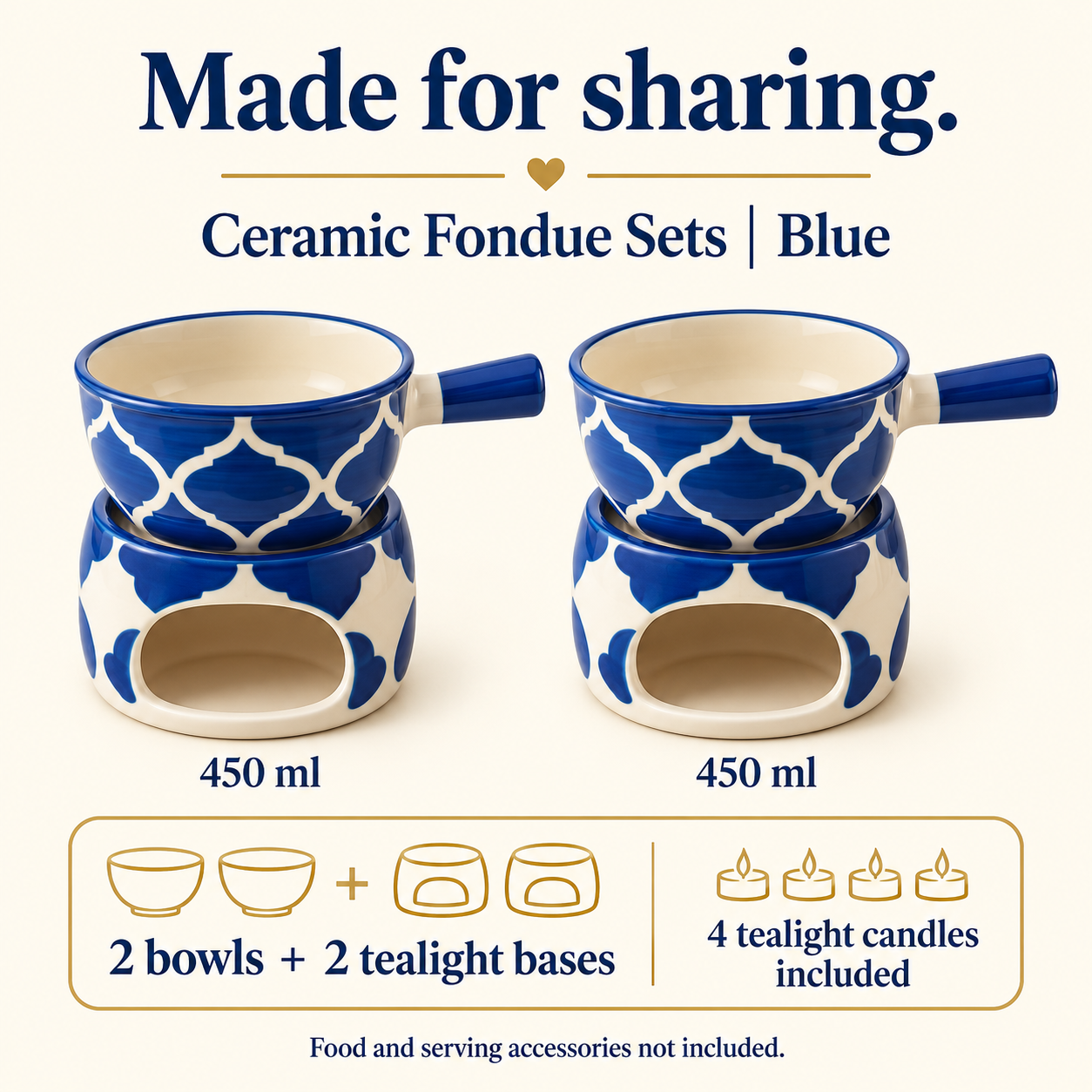 KunhaR Ceramic Fondue Set Pack of 2 (2 Piece of Fondue Set, 4 Tea Light Candle), 450 ML Capacity, (Blue) - Image 6