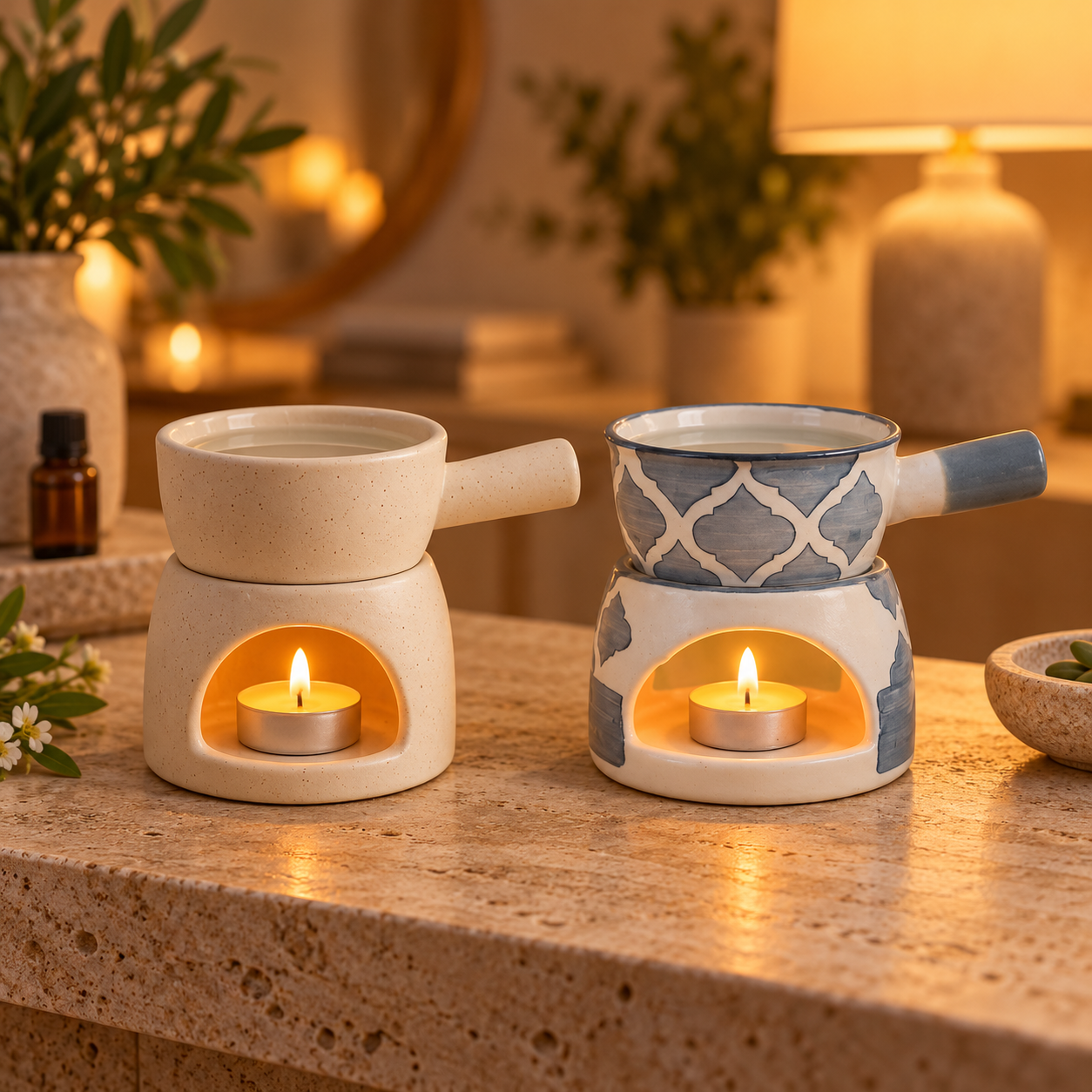 KunhaR Ceramic Aroma Diffuser and Oil Burner Pack of 2, 180 ML, Multi-Purpose Fondue for Essential Oils, Camphor and Wax Melts, Home Office Meditation Use (White & Grey)