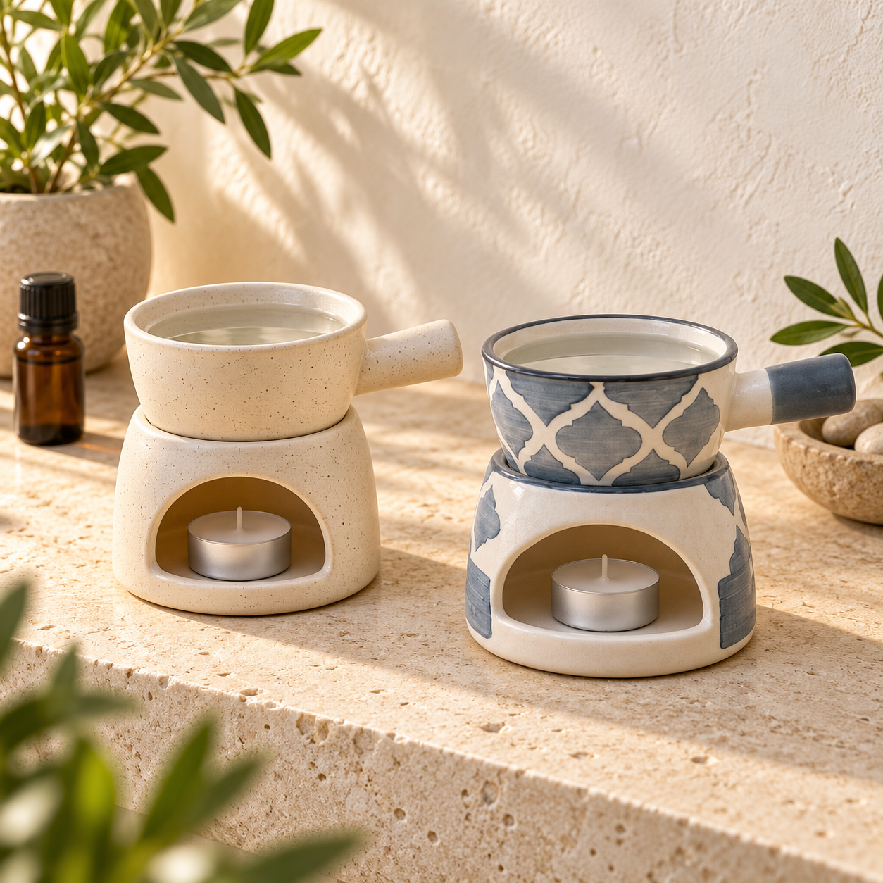 KunhaR Ceramic Aroma Diffuser and Oil Burner Pack of 2, 180 ML, Multi-Purpose Fondue for Essential Oils, Camphor and Wax Melts, Home Office Meditation Use (White & Grey) - Image 2
