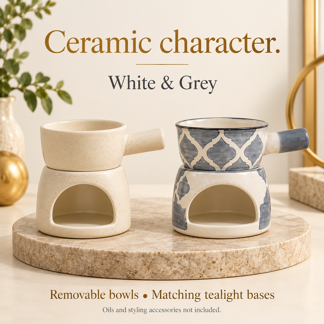 KunhaR Ceramic Aroma Diffuser and Oil Burner Pack of 2, 180 ML, Multi-Purpose Fondue for Essential Oils, Camphor and Wax Melts, Home Office Meditation Use (White & Grey) - Image 4