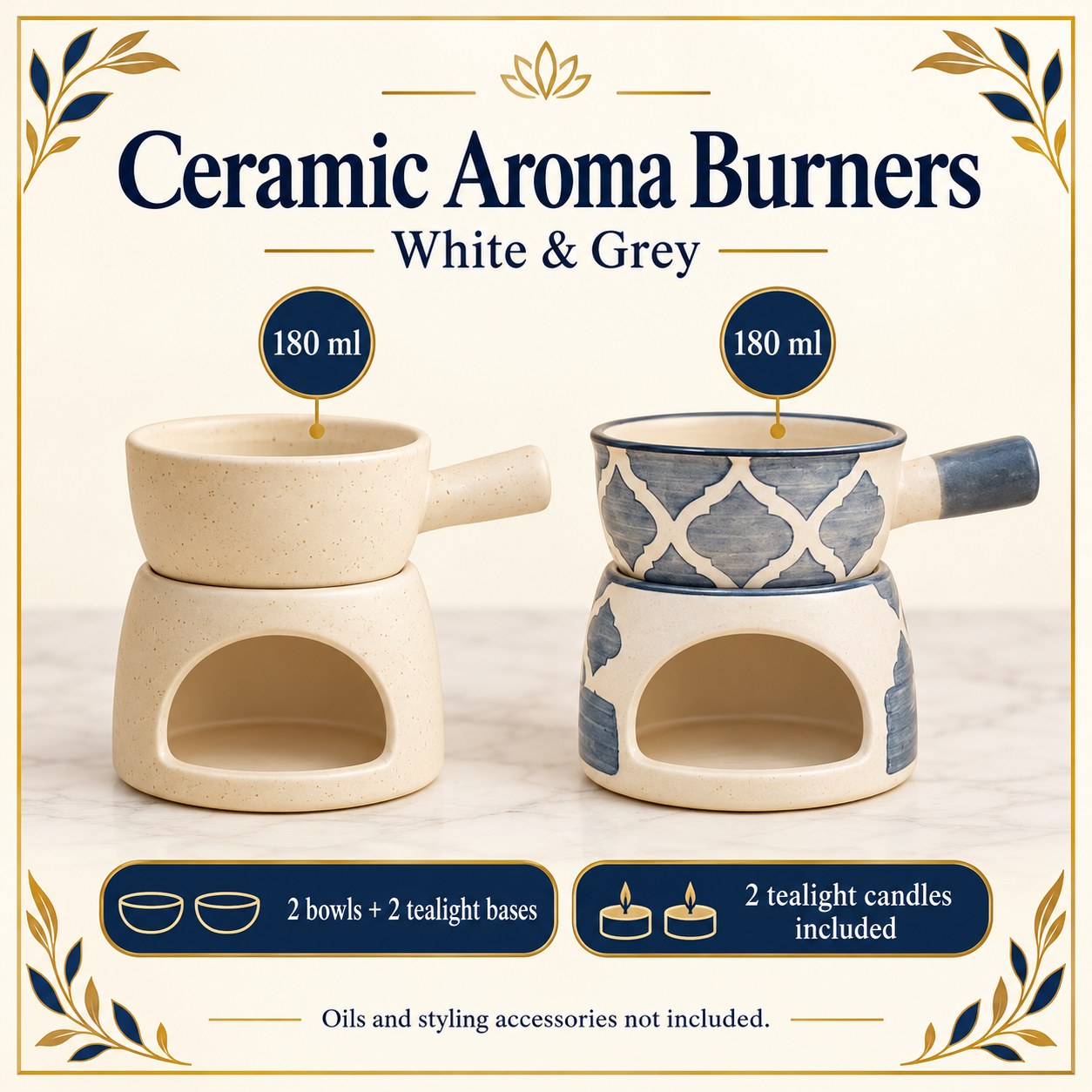 KunhaR Ceramic Aroma Diffuser and Oil Burner Pack of 2, 180 ML, Multi-Purpose Fondue for Essential Oils, Camphor and Wax Melts, Home Office Meditation Use (White & Grey) - Image 6