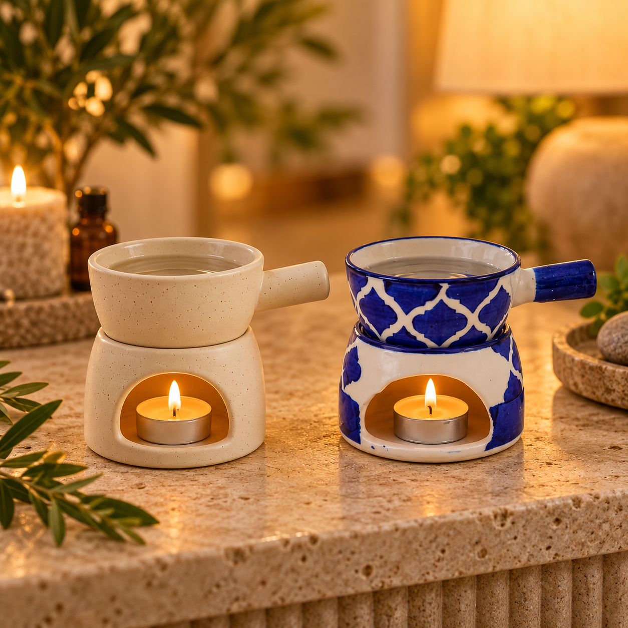 KunhaR Ceramic Aroma Diffuser and Oil Burner Pack of 2, 180 ML, Multi-Purpose Fondue for Essential Oils, Camphor and Wax Melts, Home Office Meditation Use (White & Blue)