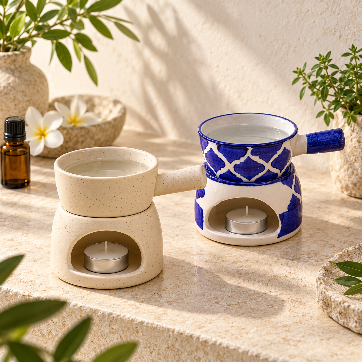 KunhaR Ceramic Aroma Diffuser and Oil Burner Pack of 2, 180 ML, Multi-Purpose Fondue for Essential Oils, Camphor and Wax Melts, Home Office Meditation Use (White & Blue) - Image 2