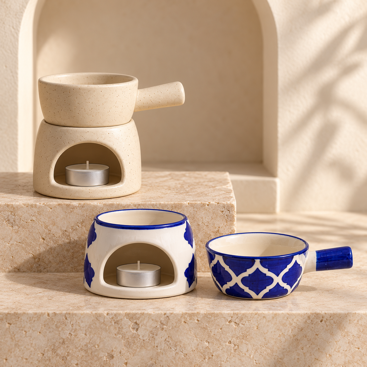 KunhaR Ceramic Aroma Diffuser and Oil Burner Pack of 2, 180 ML, Multi-Purpose Fondue for Essential Oils, Camphor and Wax Melts, Home Office Meditation Use (White & Blue) - Image 3