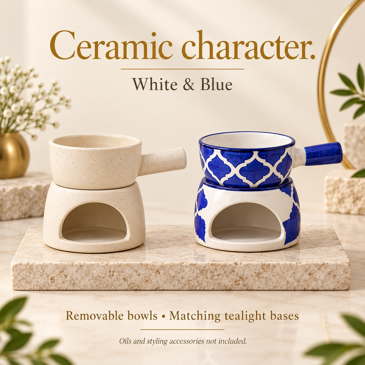 KunhaR Ceramic Aroma Diffuser and Oil Burner Pack of 2, 180 ML, Multi-Purpose Fondue for Essential Oils, Camphor and Wax Melts, Home Office Meditation Use (White & Blue) - Image 4