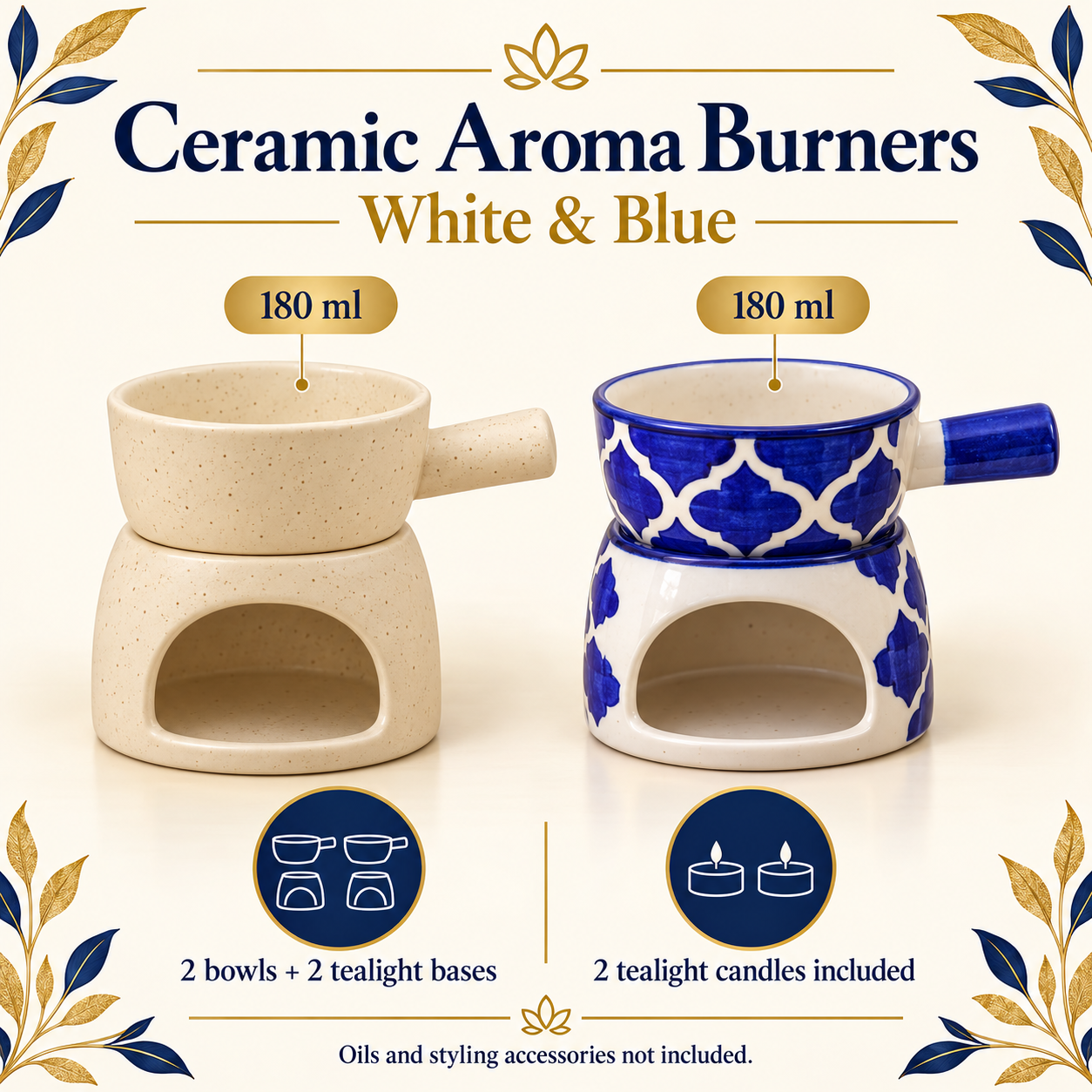 KunhaR Ceramic Aroma Diffuser and Oil Burner Pack of 2, 180 ML, Multi-Purpose Fondue for Essential Oils, Camphor and Wax Melts, Home Office Meditation Use (White & Blue) - Image 6