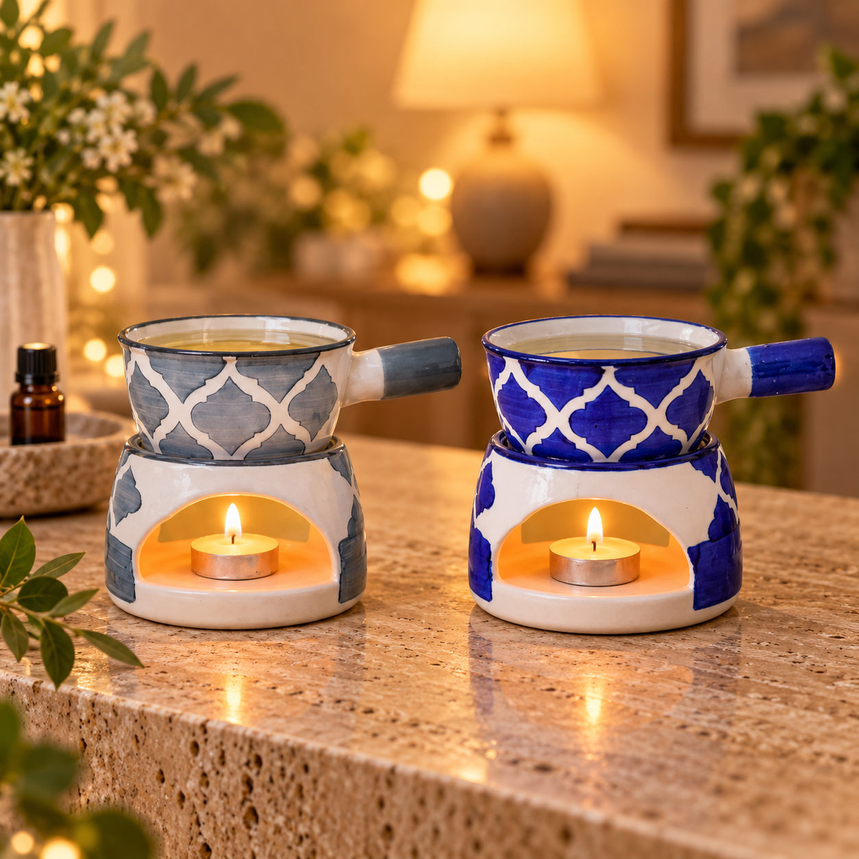 KunhaR Ceramic Aroma Diffuser and Oil Burner Pack of 2, 180 ML, Multi-Purpose Fondue for Essential Oils, Camphor and Wax Melts, Home Office Meditation Use (Grey & Blue)