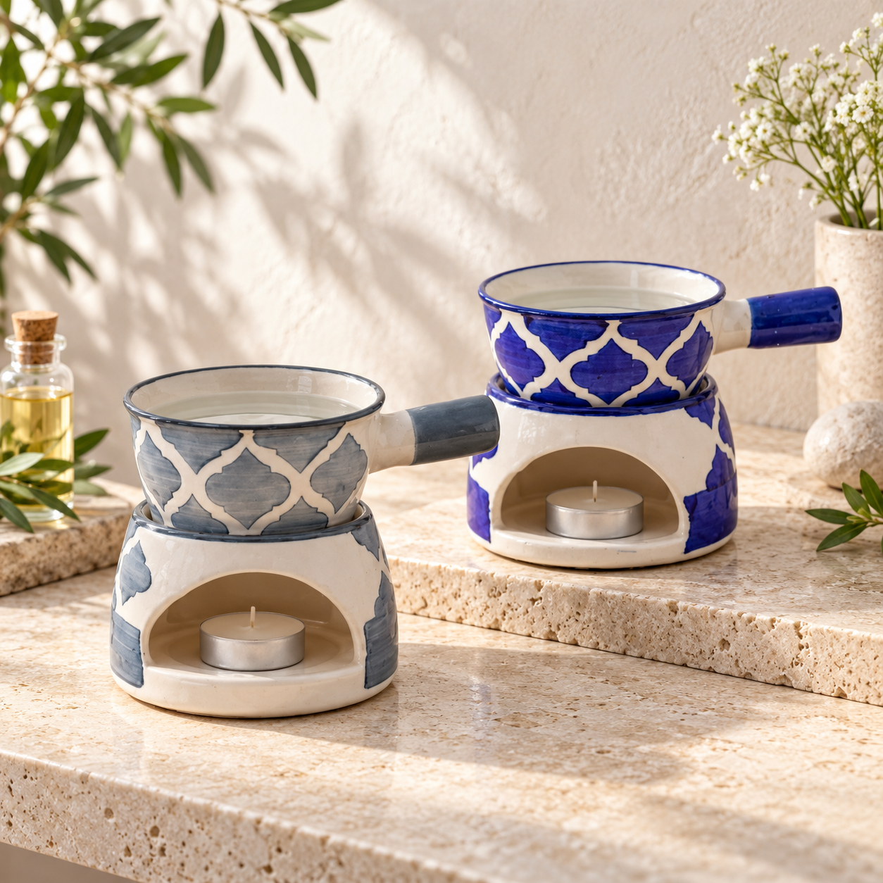 KunhaR Ceramic Aroma Diffuser and Oil Burner Pack of 2, 180 ML, Multi-Purpose Fondue for Essential Oils, Camphor and Wax Melts, Home Office Meditation Use (Grey & Blue) - Image 2